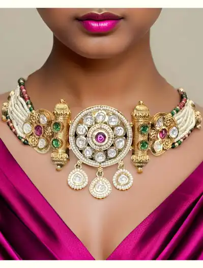 Gold plated Pearl and Pachi Kundan Rajwadi Choker Set