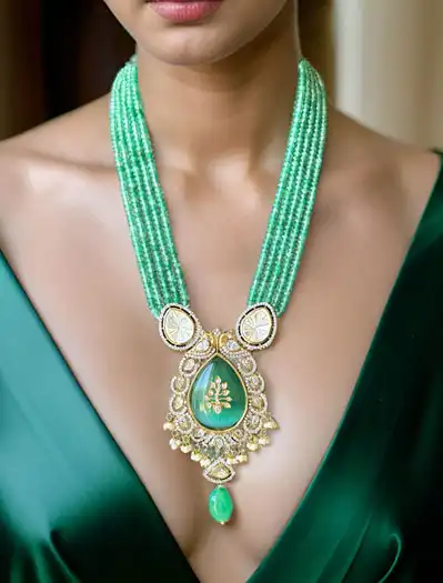 Gorgeous Mint Green Hydrobeads Kundan CZ Long Necklace Set