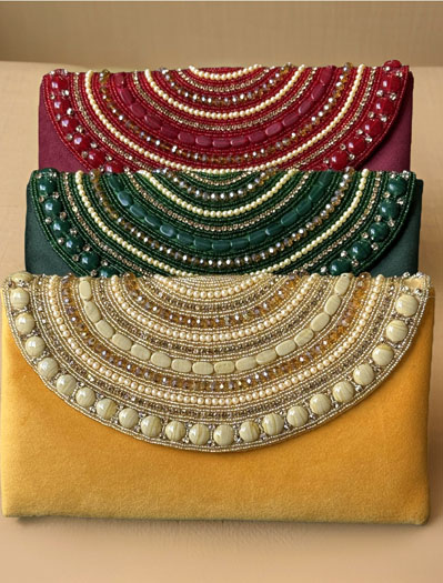 Pearl and Rhinestones embellished Velvet Envelope Clutch Bag