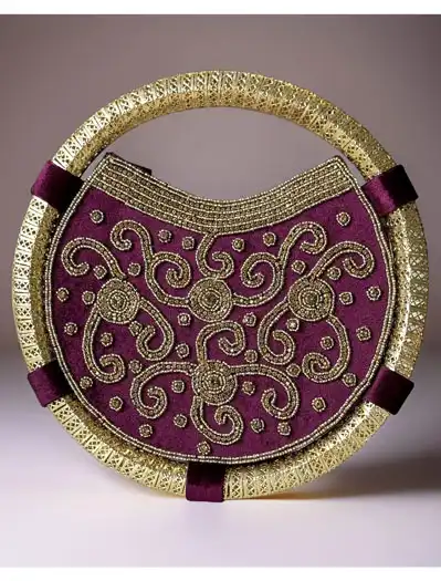 Velvet Embroidered Round Shaped Clutch Bag