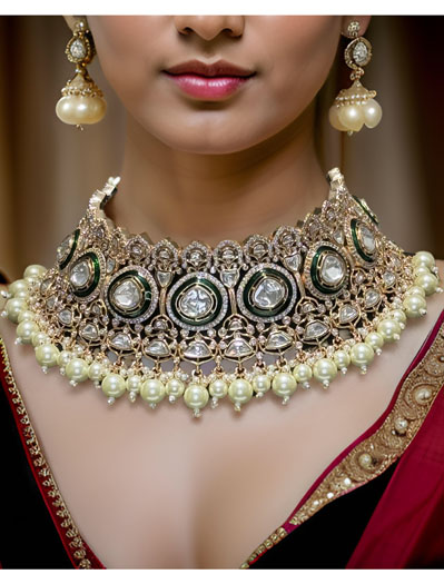 Celebrity Inspired Semi Bridal Premium Kundan CZ Choker Set