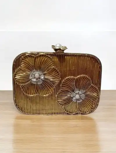 Golden Flower Metal Clutch Bag