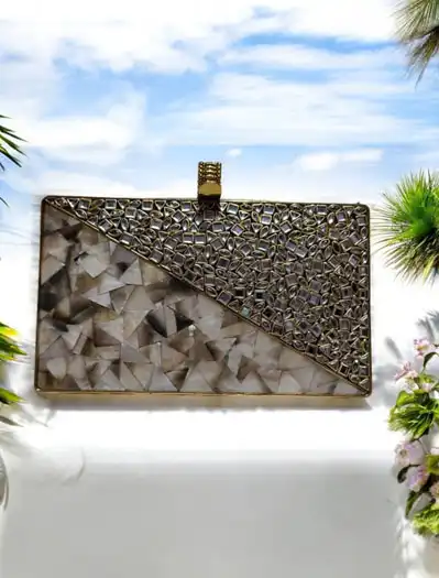 Mosaic Pattern Crystals Embellished MOP Clutch