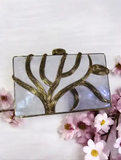 Metallic Tree Embellished Mother of Pearl Clutch