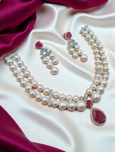 AD CZ Fresh Water Pearls Necklace Set