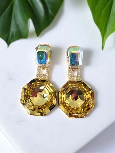 Deep Color Hexagon Swarovski Drop Earrings