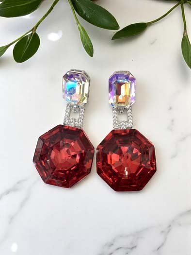 Deep Color Hexagon Swarovski Drop Earrings (Rhodium)