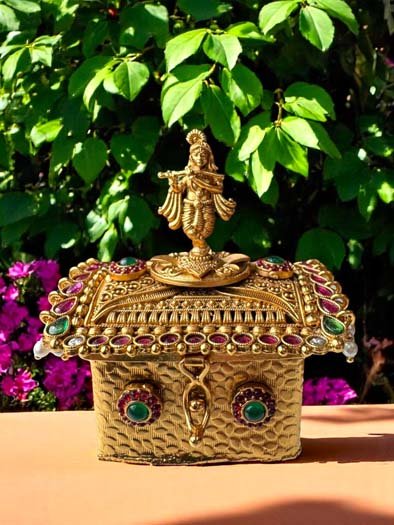 Designer Kumkum Box with Lord Krishna Idol