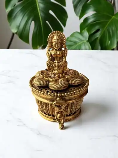 Antique Gold Finished Laxmi Ji Kumkum Dabbi