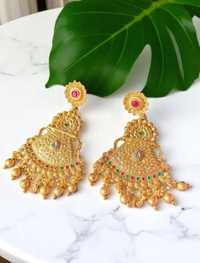 Gold Plated Ruby Green Long Earrings