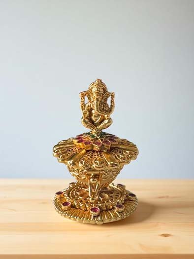 Intricate Ganesha Carving Gold Plated Kumkum Box