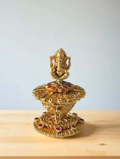 Intricate Ganesha Carving Gold Plated Kumkum Box